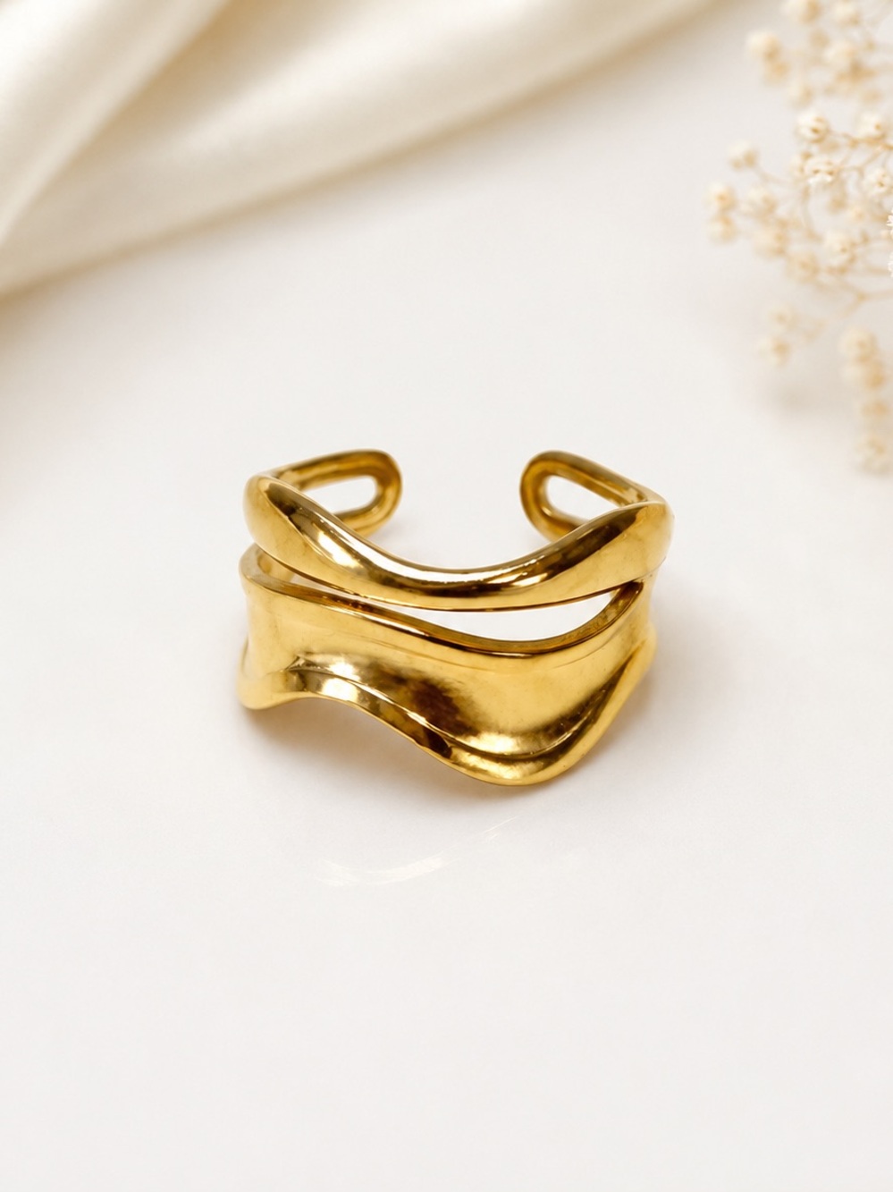 Gold Wave Statement Ring | Adjustable 304 Stainless Steel | Gold Plated PVD
